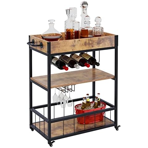 SogesHome Serving Trolley Drinks Trolley Industrial Wine Cart on Wheels with Shelf Wine Rack and Glass Holder Rustic Brown 70 cm x 40 cm Cover