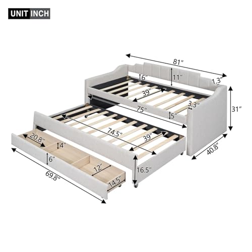 Tiiiopkvvv Gepolstertes Tagesbett für Doppelbett, mit Ausziehbett und 3 Schubladen, moderner Stil, Doppelgröße, multifunktional, einfache Montage, rutschfest – Bild 3