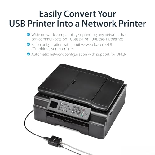 Image of StarTech 1-Port USB 2.0 Network Print Server, 10 /100 Mbps Auto-sensing, Wired Ethernet LAN USB Printer Server Adapter, TAA Compliant