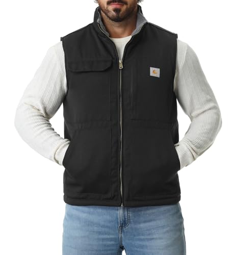 TUAOVA Men's Loose Fit Washed Duck Fleece-Lined Waterproof Workwear Mock-Neck Vest(Black,L)