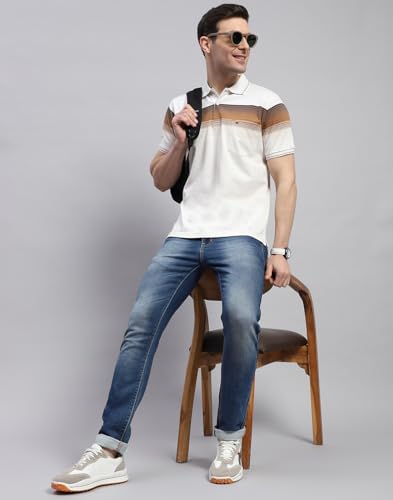 Image of Monte Carlo Mens Striped Polo Collar Half Sleeve Cotton Blend Casual T-Shirt (224064228)