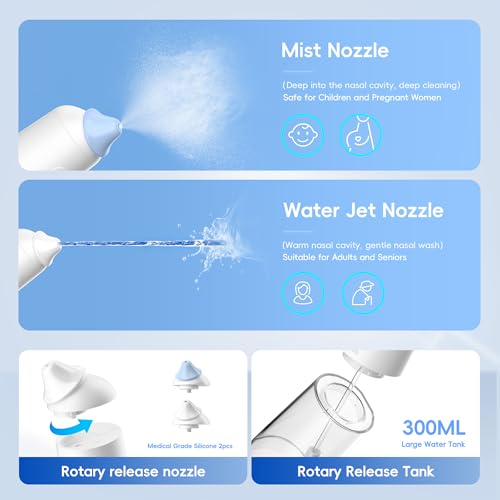 Image of Dual Powered Nasal Irrigation System Nasal Rinse & Wash (304ML) | Quick Relief of Nasal Discomfort with 30 Salt Packets, 2 Sets of Nose Pillows, Rechargeable, 2-Year Service Support
