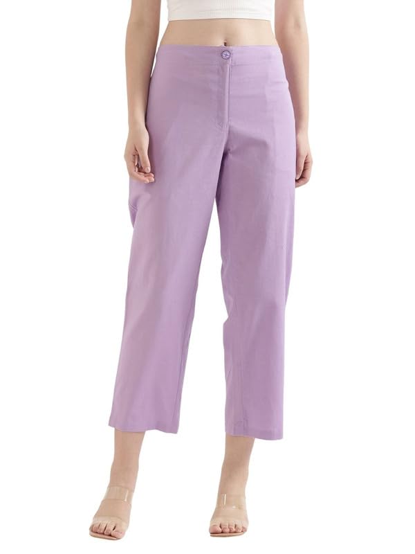 Image of SAADAA Women's Airy Linen Straight Pants | Regular Fit Trousers | Half Elasticated with Drawstrings & Buttons | 4 Pockets | Everyday & Office Wear