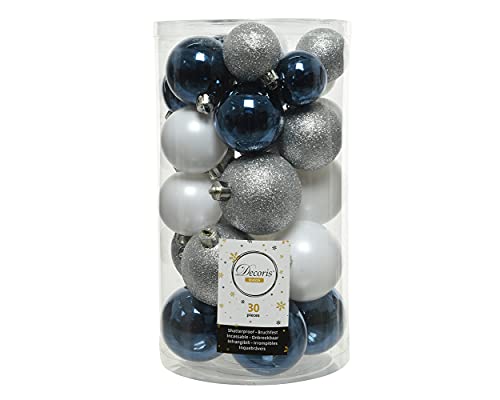 Decoris Weihnachtskugeln Kunststoff 4cm - 6cm Mix 30 Stück mit Glitzer - Blau/Silber/Weiß
