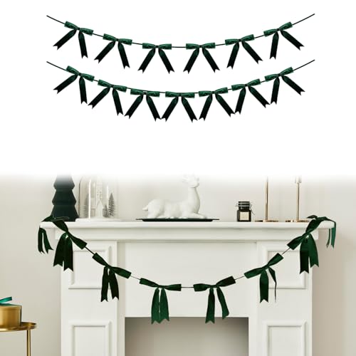2Pcs Christmas Velvet Bow Garland Dark Green Bow Banner Garland Vintage Christmas Garland Ribbon Reusable Xmas Ornaments Tree Decoration Fireplace Staircase