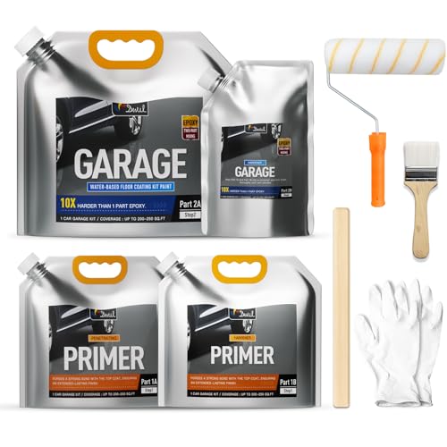 DWIL Garage Floor Epoxy Kit with Primer, Garage Floor Paint with Tools, Epoxy Coating for Concrete - High Gloss, Water-based, Low Odor - 1 Car Kit, Light Gray