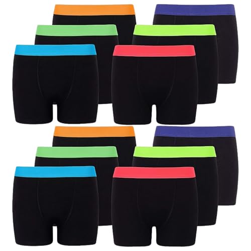 Image of Boys Classic Boxer Shorts 6 and 12 Pack Combed Cotton Blend Designer Trunk Boxers Underwear 5 yrs - 13 yrs (11/12 yr, 12 Pack Black Colour with Neon Ban)