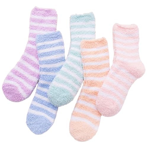 5 Pairs Colored Fluffy Socks Stripe Fuzzy Socks Winter Bed Socks Soft Thermal Slipper Socks Home Sleeping Socks For Women