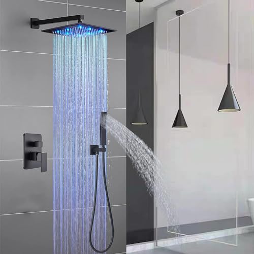Suguword-Shower-Faucet-Set-Matte-Black-Rain-Shower-System-with-12-Inch-LED-Square-Rainfall-Shower-Head-and-and-Handheld-Spray-Luxury-Bathroom-Shower-Faucet-Sets-Complete-Combo-Set-Wall-Mounted