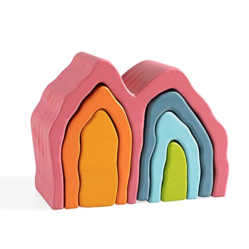 MerryHeart Wooden Rainbow Stacking Toy, Coral Elements Wooden Stacker, Various Shapes Nesting Stacking Blocks, Waldorf & Montessori Open-Ended Education Toy for Kids/Toddlers