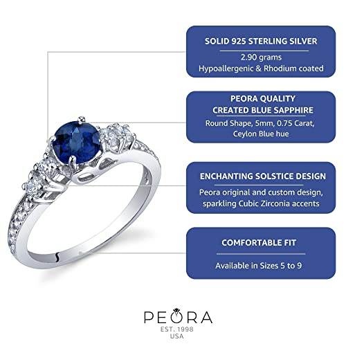 PEORA Created Blue Sapphire Women Ring 925 Sterling Silver, Enchanting Solstice Design, 0.75 Carat Round 5mm Sizes 5 to 94