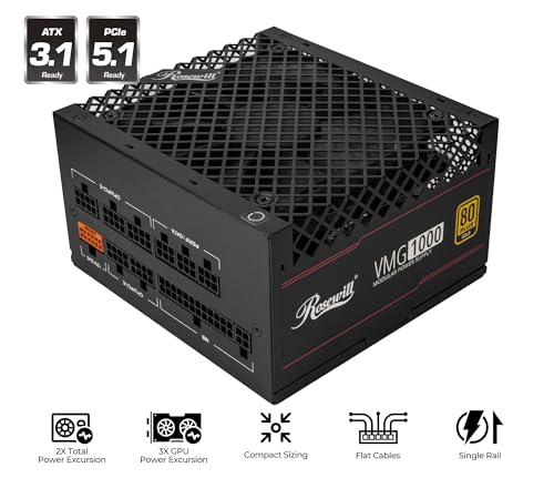 Image of Rosewill VMG 1000W 80+ Gold, ATX 3.0 & 3.1 Compatible, Full Modular Low-Noise Power Supply, PCIe 5.1 12V-2x6 Connector, 100% Japanese Electrolytic Capacitor, 120mm FDB Silent Fan - 5 Year Warranty