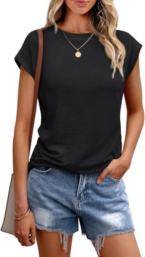 ELFIN T-Shirt Damen Rundhals Kurzarm Sommer Shirt Lässig Basic Tee Shirts Einfarbig Oberteile Tops, Schwarz, M