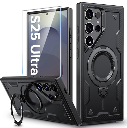 Image of for Samsung Galaxy S25 Ultra Case Magnetic with Stand, with Mag-Safe, with Screen Protector, Wireless Charging, Shockproof for Samsung S25 Ultra 5G Phone Case, Ring Holder Cover Black