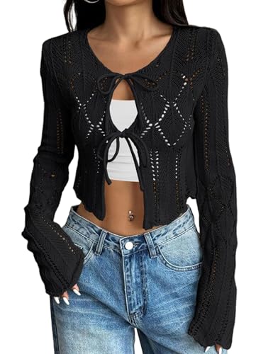 Image of Women's Tie Front Lightweight Cardigan Long Sleeve Crochet Hollow Out Knit Boho Cardigan
