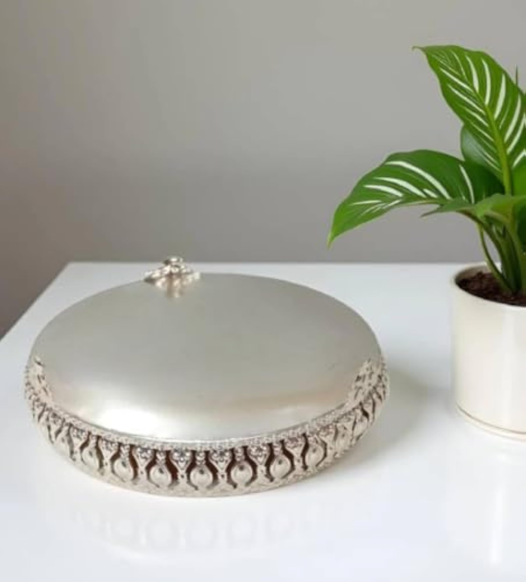 German Silver Round Decorative Embossed Tray