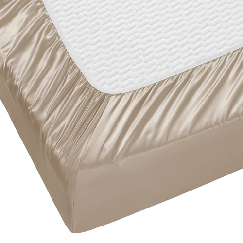 Image of SiinvdaBZX 4-Piece Cot Sheet Set 31 inch x 75 inch, Beige Satin Cot Size Sheets Silky Soft Rv Bunk Bed Sheets for Narrow Twin /Camp Bunk /Guest Beds /Army Cots /Trifold Mattress