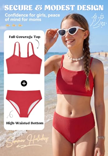 Image of Zando 2 Piece Ribbed Swimsuits for Teen Girls Kids Size 6-15 Years High Waisted Solid Cute Bikini for Summer Beach Wear