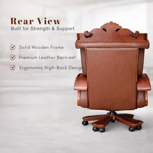 Image of Lakdi The Furniture High-Back Pure Leather Office Chair with Handcrafted Royal Look and Teak Wood Structure & Height Adjustable and Wooden Base Revolving Chair Office Work - 111011351 PL