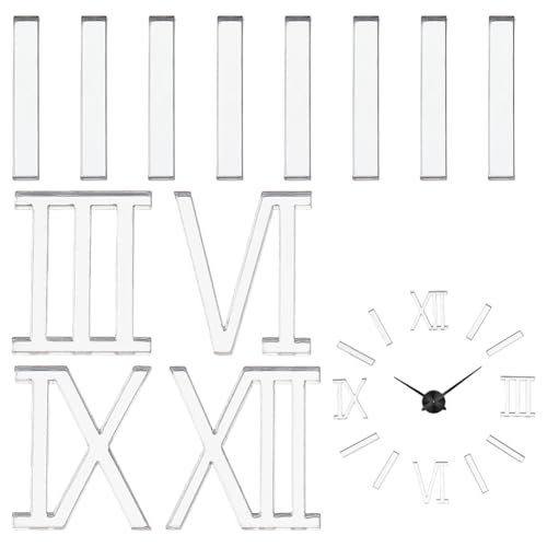 FINGERINSPIRE 12 Pz di Numeri Romani in Acrilico per Orologio da Parete Fai da Te, Numeri Romani Lunghi 30mm Cifre e Trattini in Argento Specchiato Parti di Orologi da Parete Artistici per Soggiorno
