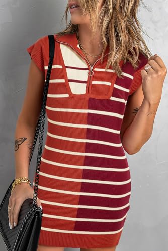 Women's Brown Stripe Color Block Quarter Zip Collar Short Sleeve Sweater Dress4