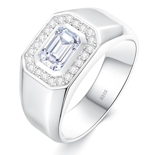 Moissanite Ring for Men 1.2CTTW D Color VVS1 Clarity Emerald Cut Vintage Engagement Ring S925 Sterling Silver with 18K White Gold Plated Genuine Moissanite Wedding Ring for Him Size 5-10