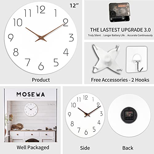 Mosewa Wall Clock 12 Inch Silent Non Ticking Wood Wall Clocks Battery Operated - Wooden White Modern Office Simple Minimalist Clock Decorative For Kitchen,Home,Bathroom,Living Room(12" White) #TOP4