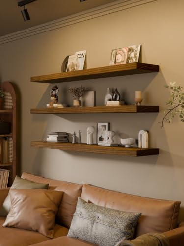 Image of 48-Inch Floating Shelves, Set of 3, 12-Inch Deep Extra-Thick Solid Paulownia Wood Wall Shelves, Heavy Duty Storage Ledges for Kitchen, Living Room, Bedroom & Bathroom, Walnut