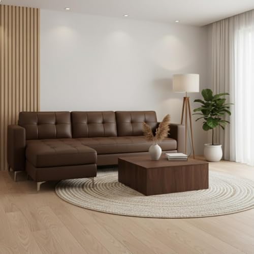 Image of CASASTYLE Creamoy 4 Seater L Shape Sofa Set with Movable Ottoman | Flexible Left or Right Layout | Premium Leatherette | Soft Touch Seating | Ideal Sofa for Living Room (Dark Brown Color)