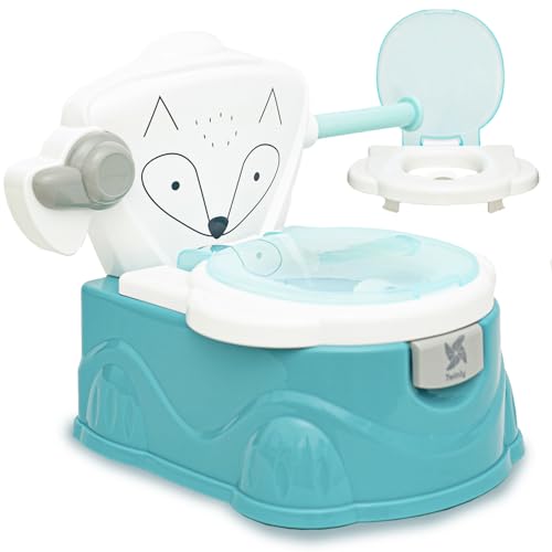 Orinal Bebé para aprender a ir al baño Foxy de Twinly – WC infantil con reductor para el váter - Con porta rollos de papel y tirador de cadena simulado - Vaso interior extraíble (Azul)