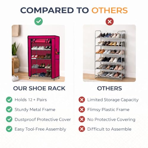 Image of Metal Shoe Stand with Cover, 4 Tier Shoe Organizer for Home & Office - Pink