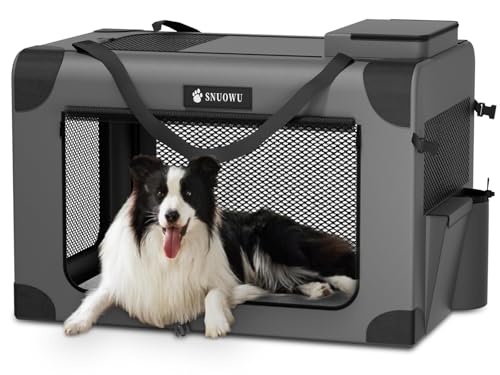 SNUOWU 36 Inch Collapsible 3-Door Portable Travel Crate for Large Dogs, Foldable Soft Dog Kennel for Indoor & Outdoor Pet Home (36' L x 25' W x 25' H, Dark Gray)