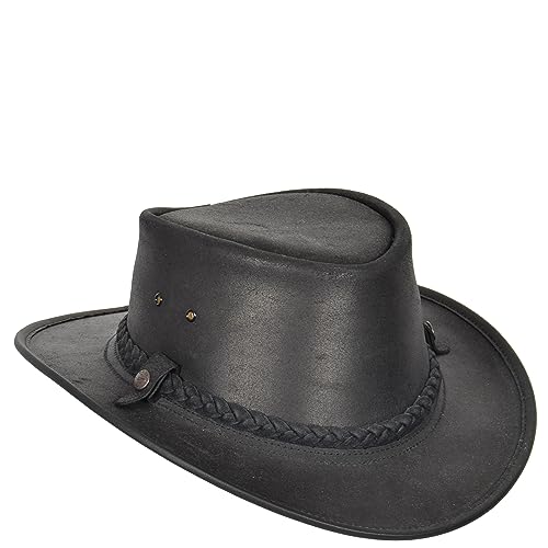 Original Australian Bush Hat Real Leather Cowboy Style Black Brown, Black, Small