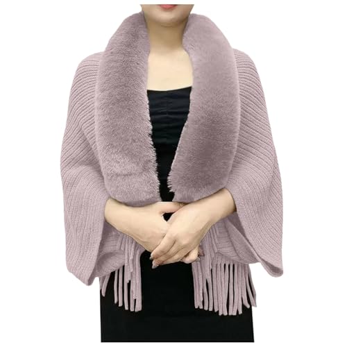 Permitime Knitting Thick Women's Loose Shawl With Fur Collar - Fuzzy Trim Cardigan With Knit Fringe