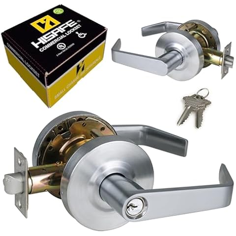 HISAFE Heavy Duty Commercial Storeroom Door Lever, Grade 2 ADA Door Handle, Satin Chrome Finished, UL 3 Hour Fire Rated Ergonomic Lever for Store Room Door, 70mm Latch Cover