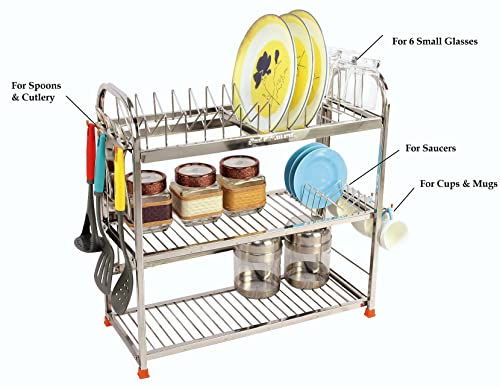 Image of AMOL Stainless Steel 3 Tier Dish Rack for Kitchen | Wall Mount & Countertop Plate Rack Organizer with Glass & Spoon Holder | Rust Proof Utensils Drying Stand (22 x 22 x 09 inches)