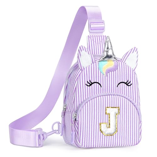 Image of YOOLIFE Initial Fanny Pack for Girls Sling Bag Kids Purse Gifts, Purple J | Unicorn Birthday Gifts for 2 3 4 5 6 7 8 Year Old Girls Kids Daughter Sister, Little Girls Purse Kids Small Crossbody Bag
