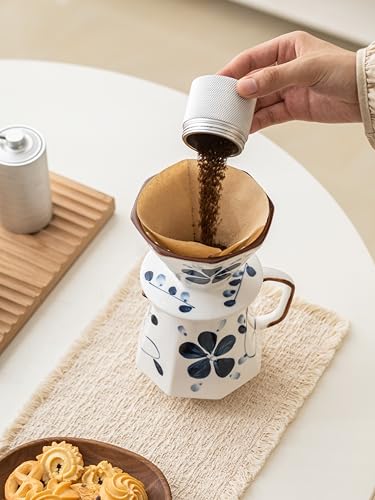 Image of Pour Over Coffee Maker,Ceramic Coffee Maker With 40 pcs Paper Filter,20oz /600ml Pour Over Coffee Dripper (Blue and white)