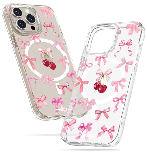 Ingcase Cute Magnetic Case for iPhone 15 Pro Max - Clear Slim Phone Cases Compatible with MagSafe Cherry Bow Pattern Unique Design for Women Girls Girly Soft TPU Protective Cover for Apple 15ProMax by Ingcase - Used condition - US$7.42