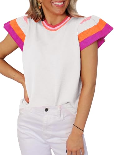 SHEWIN Womens Sweaters Crewneck Spring Tops Lightweight Knit Short Sleeve Sweater Trendy Pullover Top and Blouses Dressy Casual Summer Outfits White M