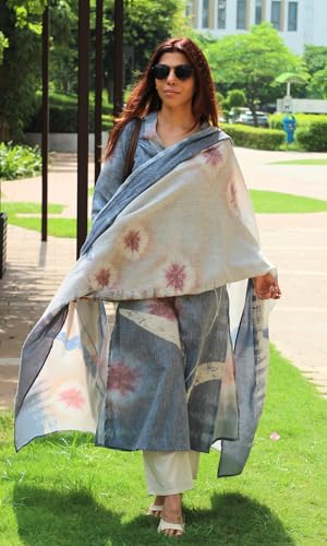 Image of ANNI Designer Women Cotton Blend Straight Fit Printed Kurta Pant Dupatta Set | V Neck Three Quarter Sleeve Ensemble | Soft Breathable Fabric | Comfortable Elegant Styling for Office Casual Wear