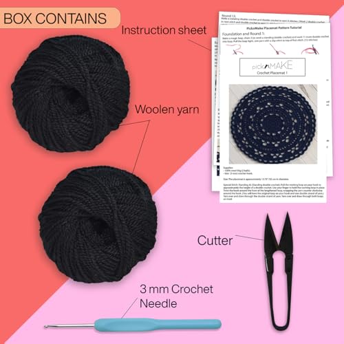 Image of picknMAKE DIY Crochet Placemat Kit for Beginners Adult - 13.75 Inch Round Black Placemat Craft Kit with Wool, 3MM Crochet Hook, Cutter & Step-by-Step Instructions - Perfect for DIY Home Decor