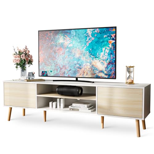 TV Stand for 75 Inch TV, Entertainment Center with Storage, 2 Cabinet Media Console Table, Wood Feet, Living Room, Bedroom Furniture,White&Oak