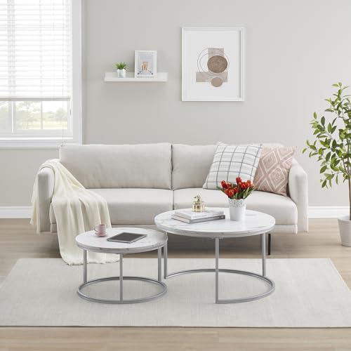 hitsuki Runder Couchtisch 2er Set Weiß Marmor, Silber Metallgestell 80+60cm – Ansicht 2