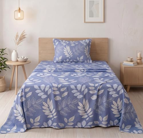 Image of BSB HOME 210 TC Cotton Feel Single Bedsheet with 1 Pillow Cover, Soft & Breathable Floral Printed Bed Sheet, Fade Resistant, Bedding for Home & Bedroom, 60 x 90 Inches (152 x 229 cm) (Serene Blue)