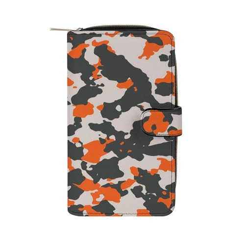 Nugier Women Soft PU Leather Wallet, Zipper Card Case Clutch Credit Bills Money Crash Coin 7.8x4.3x1.4 in Holder Purse Print Seamless Camo Black Gray and Orange Camouflage Pattern