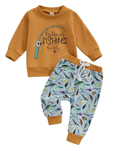 ZZLBUF Toddler Baby Boy Clothes Set Daddy's Fishing Buddy Long Sleeve Sweatshirt Tops Pants Trousers Fall Winter Outfits (Papaw's Fishing Buddy Brown, 3-6 Months)