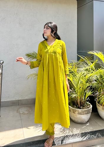 Image of MOKOSH Women's Cotton Kurta with Pant | Kurta Set | V Neck 3 /4 Sleeve Ethnic Suit | 2 Piece Outfit | Indian Kurta Outfit With Pant