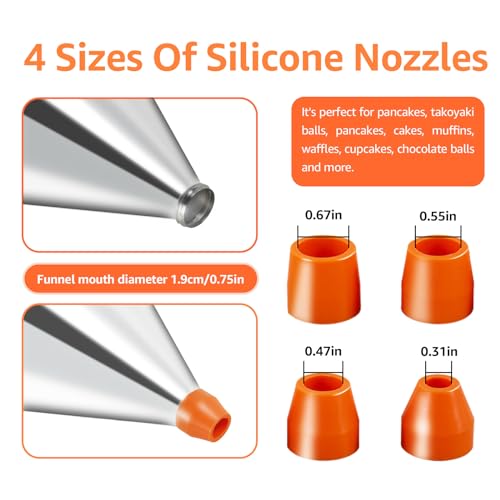Stainless Steel Funnel Pancake Batter Dispenser Piston Funnel 1.2 L/40oz Octopus Balls Filling Funnels with 4 Silicone Funnel Mouth & Dust Lid & Handle & Holder for Baking Making Pancakes Cupcakes - Image 5
