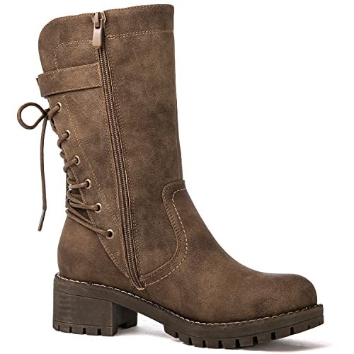 Image of GLOBALWIN Women's Biker Boots Lace up Back Mid Calf Motorcycle Fashion Festival Boots Combat Riding Military Boots for Women